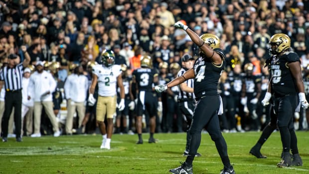 CU football's senior linebacker Jordan Domineck (44) celebrates a tackle for loss against CSU in the Rocky Mountain Showdown on Sept. 16, 2023 at Folsom Field in Boulder, Colo