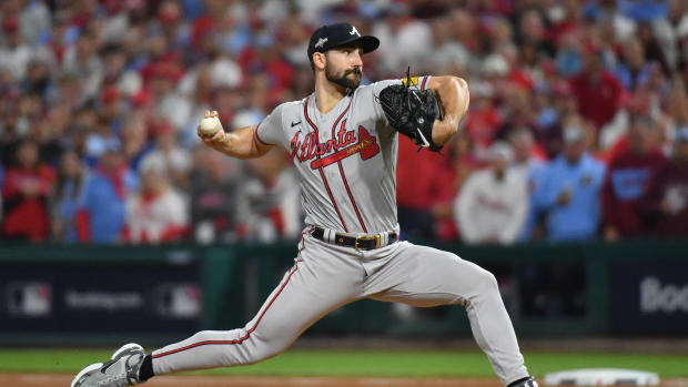 Oct 12, 2023; Philadelphia, Pennsylvania, USA; Atlanta Braves starting pitcher Spencer Strider (99) throws against the Philadelphia Phillies during the first inning in game four of the NLDS in the 2023 MLB playoffs at Citizens Bank Park