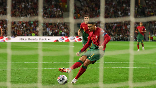 Cristiano Ronaldo pictured converting a penalty kick against Slovakia during a 3-2 win for Portugal in October 2023