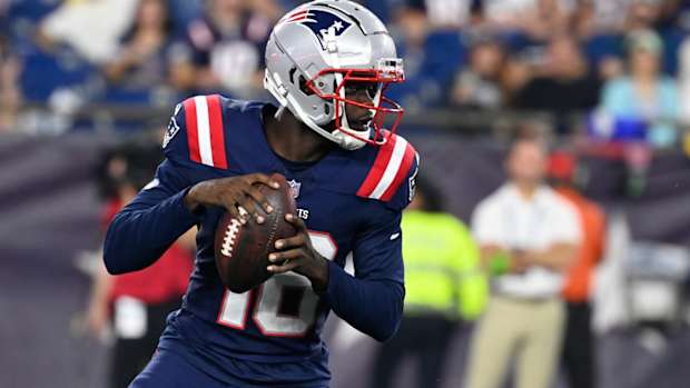 Aug 10, 2023; Foxborough, Massachusetts, USA; New England Patriots quarterback Malik Cunningham (16) during the second half against the New England Patriots at Gillette Stadium. Mandatory Credit: Eric Canha-USA TODAY Sports  