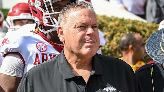 Razorbacks coach Sam Pittman on the sidelines against Alabama