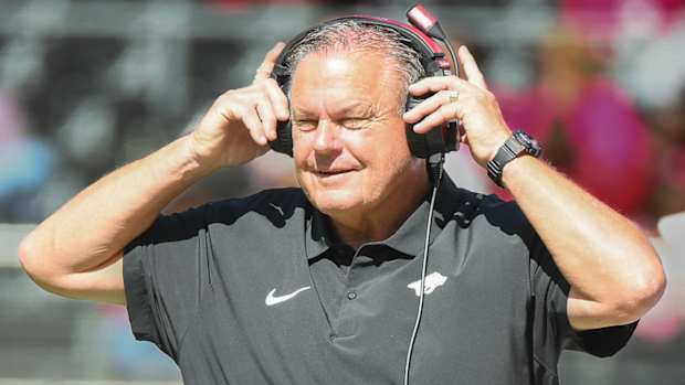 Razorbacks coach Sam Pittman on the sidelines against Alabama