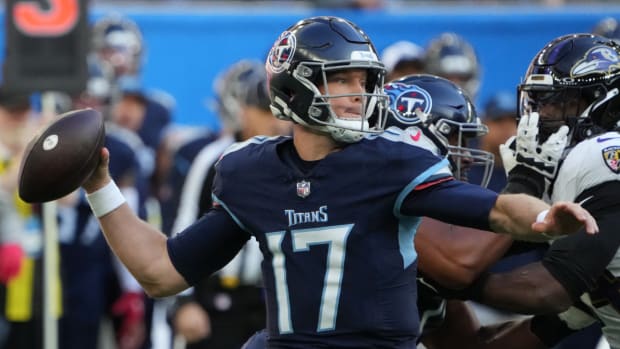 Titans quarterback Ryan Tannehill throws a pass during a game vs. the Ravens.