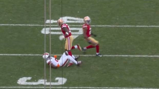 49ers defensive back Tashaun Gipson Sr. tackles Browns receiver Elijah Moore.