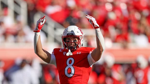 Sep 23, 2023; Salt Lake City, Utah, USA; Utah Utes safety Cole Bishop (8) encourages the fans to cheer during a third down against the UCLA Bruins in the fourth at Rice-Eccles Stadium. Mandatory Credit: Rob Gray-USA TODAY Sports