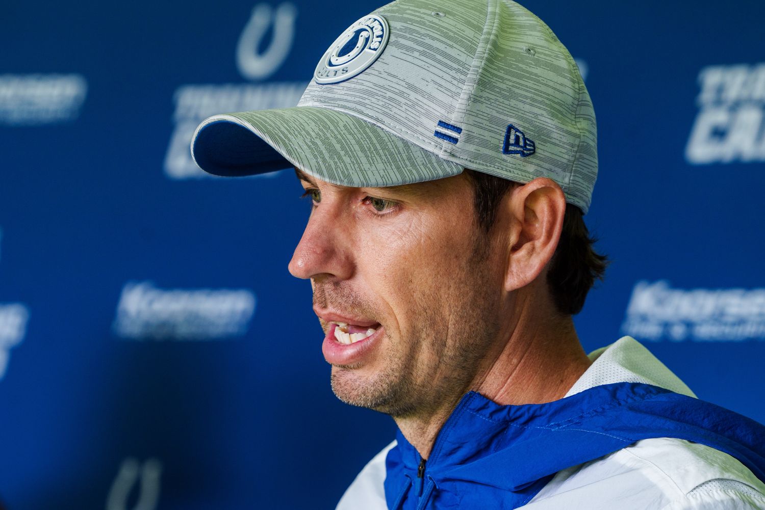 Aug 15, 2023; Westfield, IN, USA; Indianapolis Colts head coach Shane Steichen announces to the media that he has chosen Anthony Richardson (not pictured) as the starting quarterback ahead of Gardner Minshew (not pictured) after a training session at Grand Park Sports Campus. Mandatory Credit: Mykal McEldowney-USA TODAY Sports