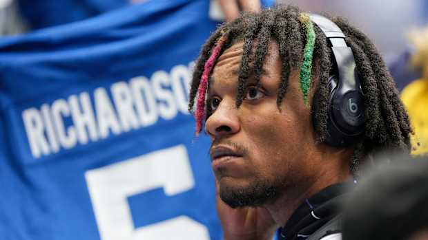 Indianapolis Colts quarterback Anthony Richardson (5) signs autographs on Sunday, Oct. 8, 2023, at Lucas Oil Stadium in Indianapolis.  