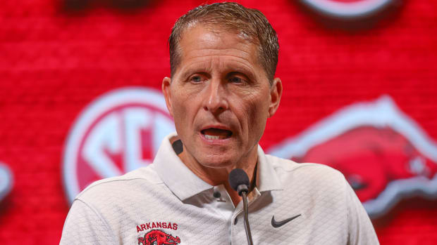 Razorbacks coach Eric Musselman with the media at SEC Media Day on Wednesday in Birmingham, Ala.