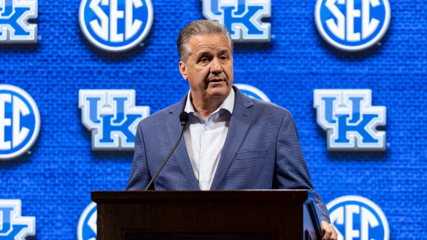 Oct 18, 2023; Brimingham, AL, USA; Kentucky Wildcats head coach John Calipari talks with the media during the SEC Basketball Tipoff at Grand Bohemian Hotel Mountain Brook. Mandatory Credit: Vasha Hunt-USA TODAY Sports