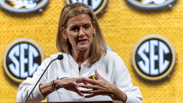 Missouri Tigers head coach Robin Pingeton talks with the media during the SEC Basketball Tipoff at Grand Bohemian Hotel Mountain Brook.