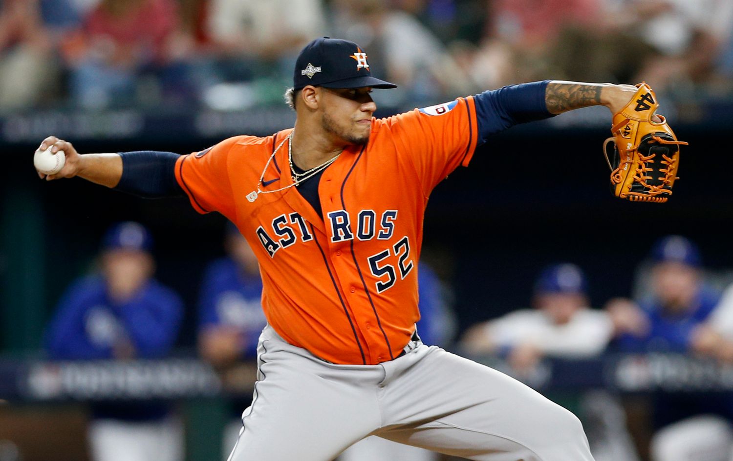 Astros pitcher Bryan Abreu pitches during Houston's 8-5 win over the Rangers in Game 3 of the ALCS on Oct. 18, 2023.