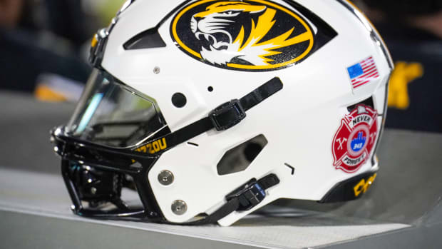 A general view of a Missouri Tigers helmet against the Middle Tennessee Blue Raiders during the second half at Faurot Field at Memorial Stadium. Mandatory Credit: