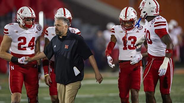 Nebraska football coach Matt Rhule and players during a 20-7 win at Illinois (Oct. 7, 2023)