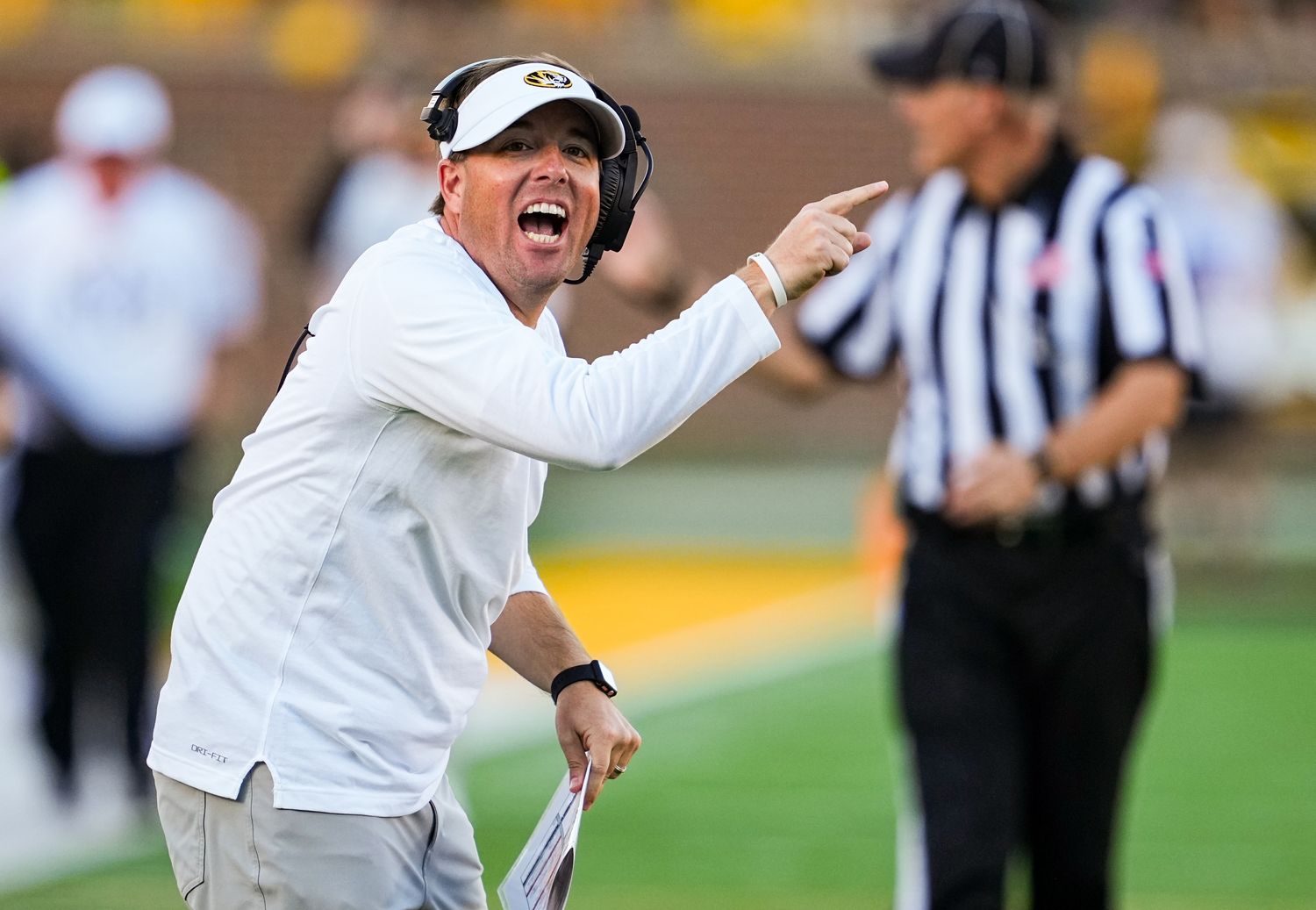 Missouri Tigers head coach Eliah Drinkwitz reacts during the second half against the South Carolina Gamecocks at Faurot Field at Memorial Stadium.