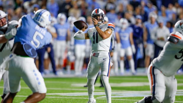 Virginia quarterback Tony Muskett passes during the Cavaliers' 31-27 upset of No. 10 North Carolina on Oct. 21, 2023.