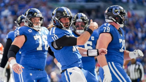 Indianapolis Colts quarterback Gardner Minshew II (10) celebrates a touchdown Sunday, Oct. 22, 2023, during a game against the Cleveland Browns at Lucas Oil Stadium in Indianapolis.  