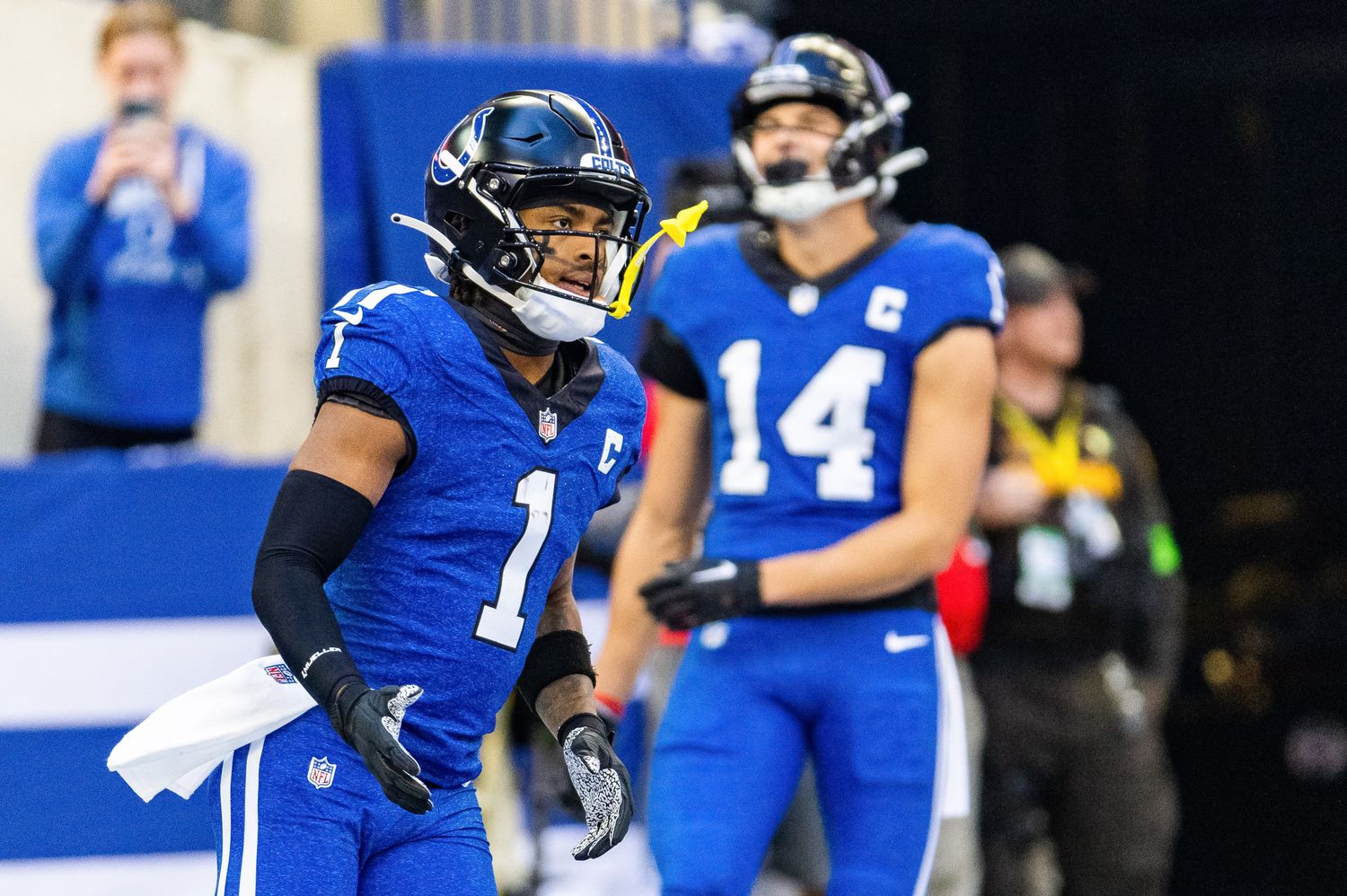 Oct 22, 2023; Indianapolis, Indiana, USA; Indianapolis Colts wide receiver Josh Downs (1) celebrates his touchdown in the first quarter against the Cleveland Browns at Lucas Oil Stadium. Mandatory Credit: Trevor Ruszkowski-USA TODAY Sports