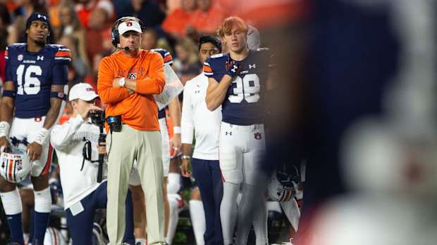 Auburn Tigers head coach Hugh Freeze watches on as Auburn Tigers take on Mississippi Rebels at Jordan-Hare Stadium in Auburn, Ala., on Saturday, Oct. 21, 2023. Mississippi Rebels defeated Auburn Tigers 28-21.  
