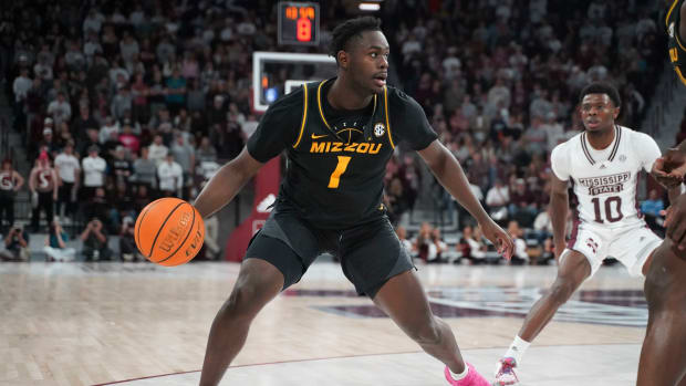 Missouri Tigers guard Kaleb Brown (1) dribbles the ball against the Mississippi State Bulldogs during the second half at Humphrey Coliseum.