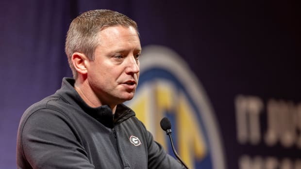 Oct 18, 2023; Birmingham, AL, USA; Georgia Bulldogs head coach Mike White talks with the media during the SEC Basketball Tipoff at Grand Bohemian Hotel Mountain Brook. Mandatory Credit: Vasha Hunt-USA TODAY Sports