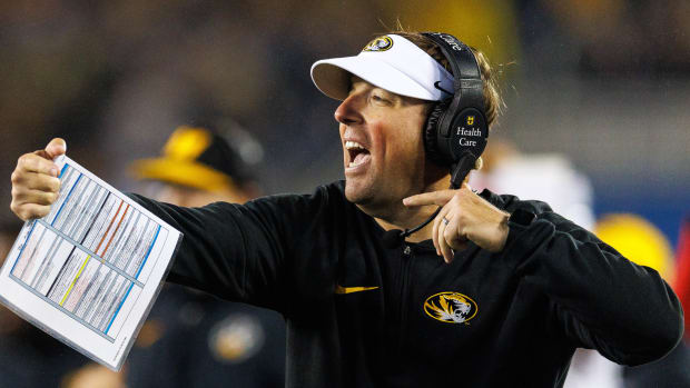 Oct 14, 2023; Lexington, Kentucky, USA; Missouri Tigers head coach Eliah Drinkwitz reacts during the fourth quarter against the Kentucky Wildcats at Kroger Field.