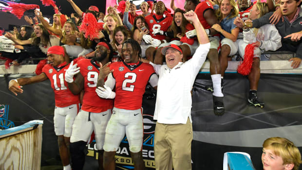 Georgia Bulldogs head coach Kirby Smart celebrates with his players and fans after their victory over Florida. The annual Georgia vs Florida football rivalry was held at TIAA Bank Field in Jacksonville, FL Saturday, October 29, 2022. The Bulldogs went in at halftime with a 28 to 3 lead over the Gators and won with a final score of 42 to 20. [Bob Self/Florida Times-Union] Jki 102822 Bs Georgia Vs Florida Football Game 2nd Half 06