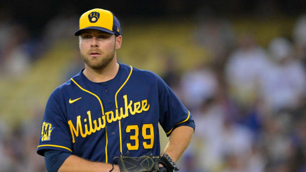 Aug 17, 2023; Los Angeles, California, USA; Milwaukee Brewers starting pitcher Corbin Burnes (39) before throwing in the first inning against the Los Angeles Dodgers at Dodger Stadium. Mandatory Credit: Jayne Kamin-Oncea-USA TODAY Sports