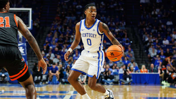 Oct 27, 2023; Lexington, KY, USA; Kentucky Wildcats guard Rob Dillingham (0) handles the ball during the second half against the Georgetown Tigers at Rupp Arena. Mandatory Credit: Jordan Prather-USA TODAY Sports