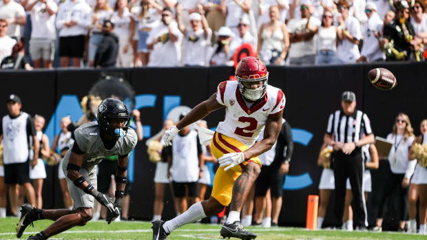 Colorado Buffaloes cornerback Cormani McClain (1) breaks up a pass intended for USC Trojans wide receiver Brenden Rice (2) in the third quarter at Folsom Field