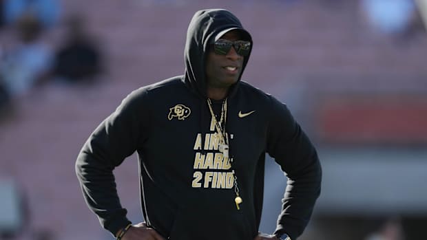 Colorado Buffaloes head coach Deion Sanders reacts during the game against the UCLA Bruins at Rose Bowl