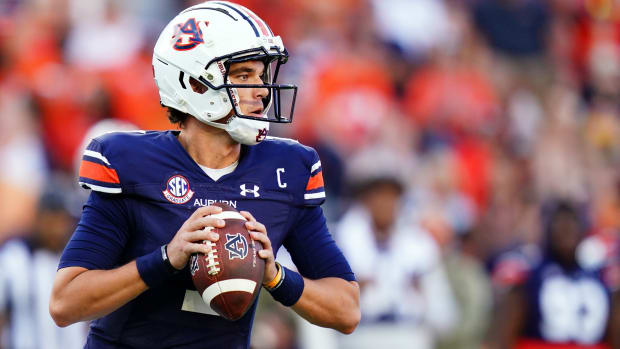 Oct 28, 2023; Auburn, Alabama, USA; Auburn Tigers quarterback Payton Thorne (1) drops back to pass against the Mississippi State Bulldogs during the fourth quarter at Jordan-Hare Stadium. Mandatory Credit: John David Mercer-USA TODAY Sports  