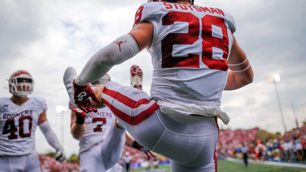 Sep 16, 2023; Tulsa, Oklahoma, USA; Oklahoma s Danny Stutsman (28) celebrates after intercepting a pass and scoring a touchdown during an NCAA football game between University of Oklahoma (OU) and University of Tulsa at Skelly Field at H.A. Chapman Stadium. Mandatory Credit: Nathan J. Fish-USA TODAY Sports