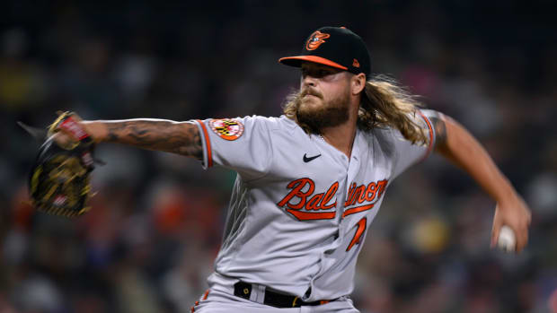 Aug 15, 2023; San Diego, California, USA; Baltimore Orioles relief pitcher Nick Vespi (79) throws a pitch against the San Diego Padres during the fourth inning at Petco Park.