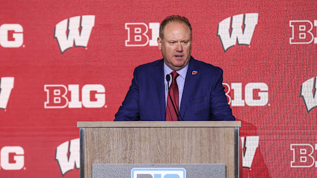 Oct 10, 2023; Minneapolis, MN, USA; Wisconsin Badgers head coach Greg Gard speaks to the media during the Big Ten basketball media days at Target Center. Mandatory Credit: Matt Krohn-USA TODAY Sports