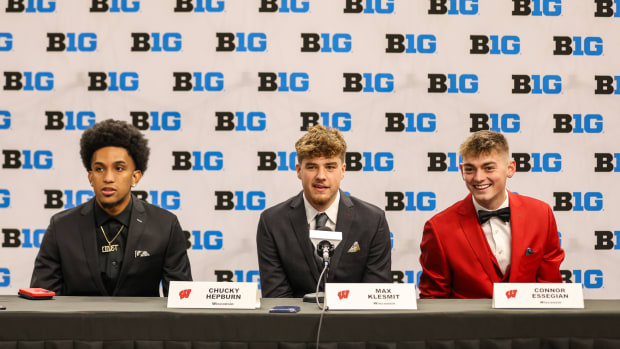 Oct 10, 2023; Minneapolis, MN, USA; Wisconsin Basgers players Chucky Hepburn, Max Klesmit and Connor Essegian speak to the media during the Big Ten basketball media days at Target Center. Mandatory Credit: Matt Krohn-USA TODAY Sports