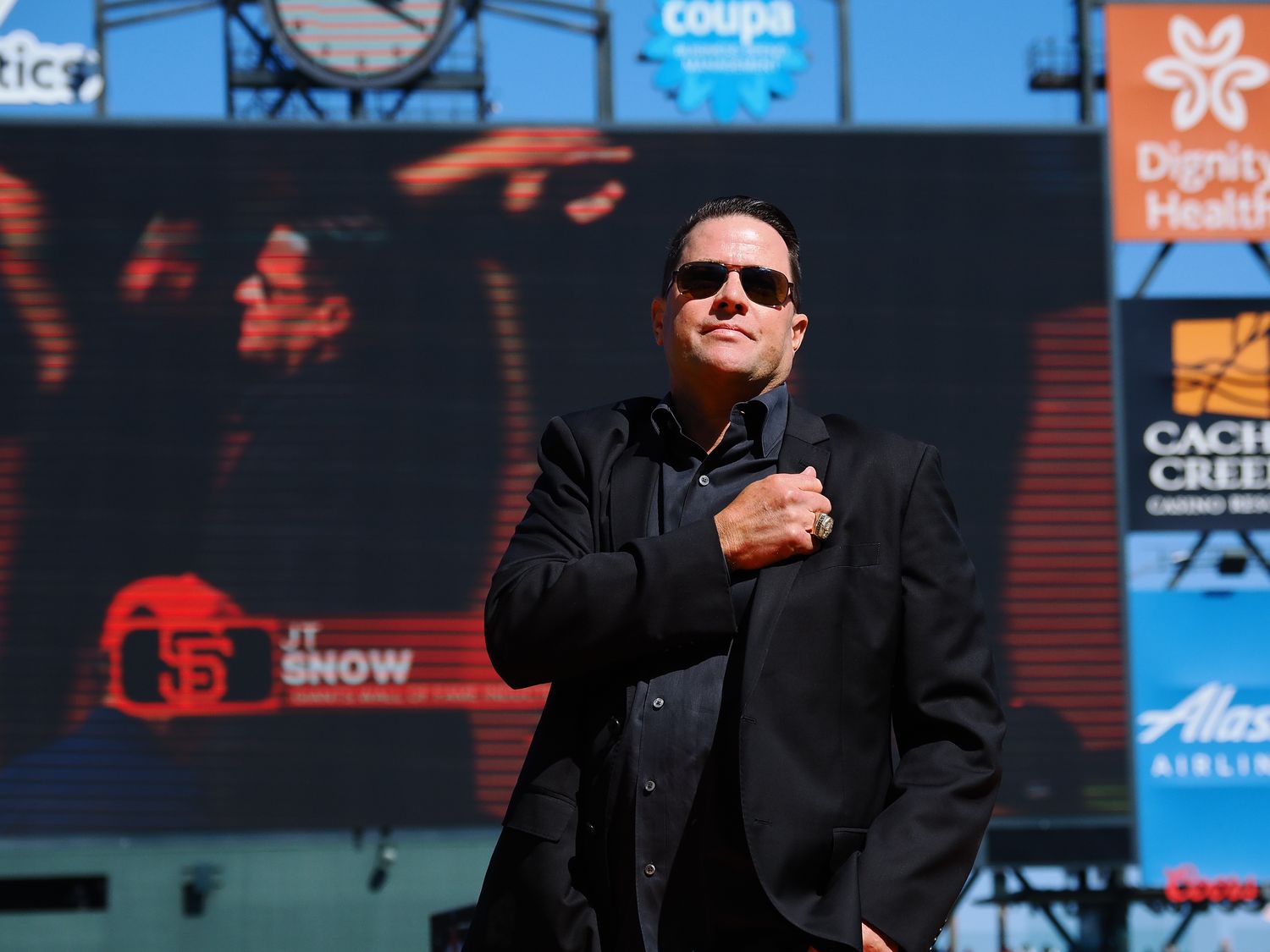Former San Francisco Giants player JT Snow is introduced during a Wall of Fame induction ceremony before the game against the Atlanta Braves at Oracle Park.