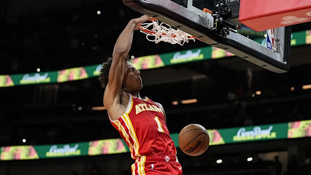 Atlanta Hawks forward Jalen Johnson dunks 
