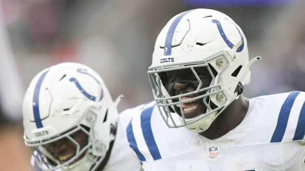 Sep 24, 2023; Baltimore, Maryland, USA; Indianapolis Colts defensive end Kwity Paye (51) reacts after sacking Baltimore Ravens quarterback Lamar Jackson (8) during the first half at M&T Bank Stadium.