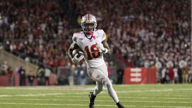 Oct 28, 2023; Madison, Wisconsin, USA; Ohio State Buckeyes wide receiver Marvin Harrison Jr. (18) during the game against the Wisconsin Badgers at Camp Randall Stadium.