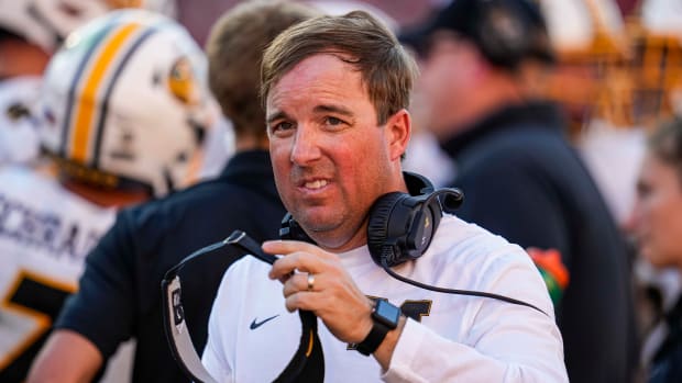 Nov 4, 2023; Athens, Georgia, USA; Missouri Tigers head coach Eliah Drinkwitz on the field during the game against the Georgia Bulldogs during the first half at Sanford Stadium.