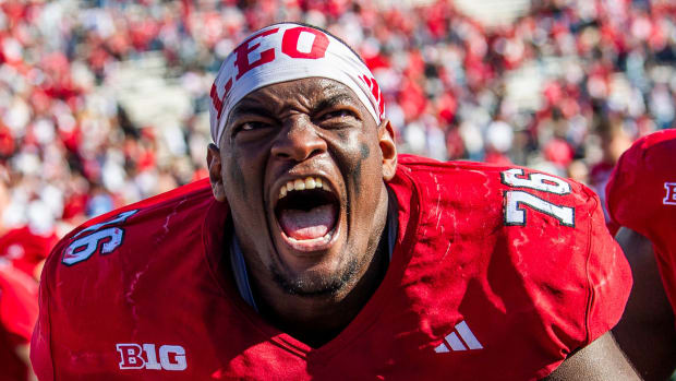 Nov 4, 2023; Bloomington, Indiana, USA; Indiana's Matthew Bedford (76) celebrates after defeating the Wisconsin Badgers at Memorial Stadium. Mandatory Credit: Rich Janzaruk-USA TODAY Sports