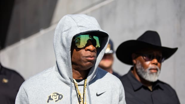 Colorado Buffaloes head coach Deion Sanders against the Arizona State Sun Devils at Mountain America Stadium