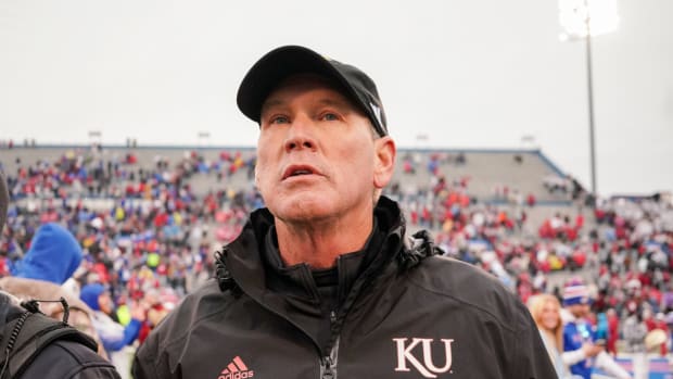 Oct 28, 2023; Lawrence, Kansas, USA; Kansas Jayhawks head coach Lance Leipold walks on the field after the win over the Oklahoma Sooners at David Booth Kansas Memorial Stadium. 
