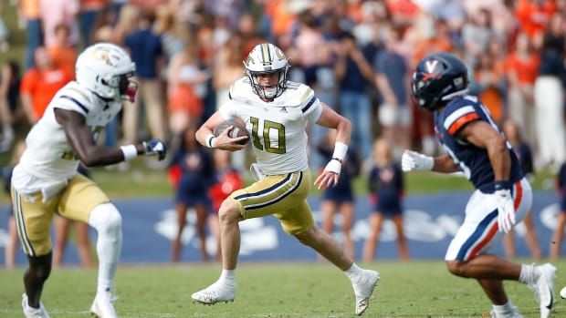 Georgia Tech quarterback Haynes King running the ball against Virginia