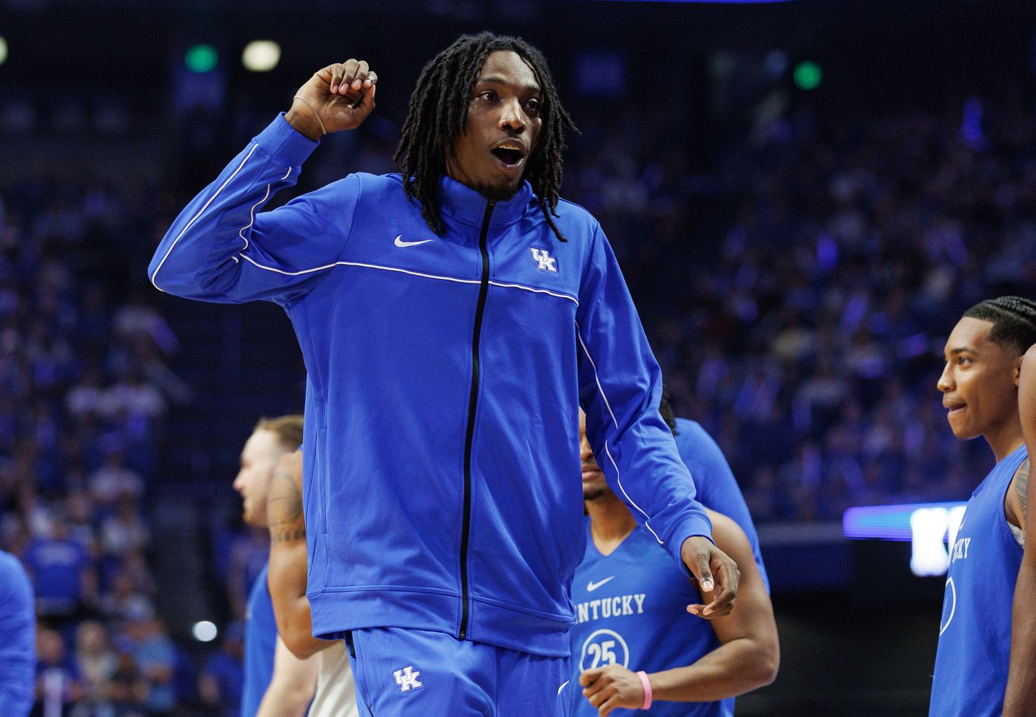 Oct 13, 2023; Lexington, KY, USA; Kentucky Wildcats forward Aaron Bradshaw (2) reacts during Big Blue Madness at Rupp Arena at Central Bank Center. Mandatory Credit: Jordan Prather-USA TODAY Sports