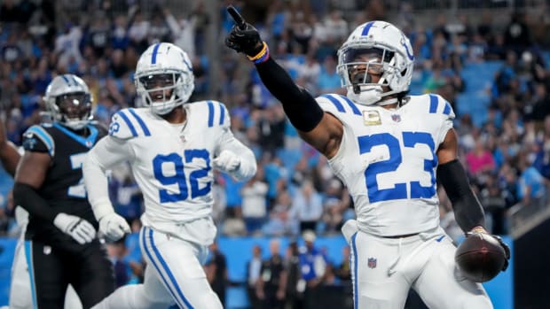 Nov 5, 2023, Charlotte, North Carolina, USA;Indianapolis Colts cornerback Kenny Moore II (23) runs 49 yards for a touchdown after intercepting a pass by Carolina Panthers quarterback Bryce Young (9) on Sunday at Bank of America Stadium in Charlotte. Mandatory Credit: Jenna Watson USA Today Network via Indianapolis Star