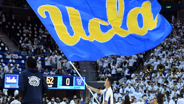Nov 12, 2021; Los Angeles, California, USA; A UCLA flag is flown before the game between the Bruins and the Villanova Wildcats at Pauley Pavilion. Mandatory Credit: Richard Mackson-USA TODAY Sports