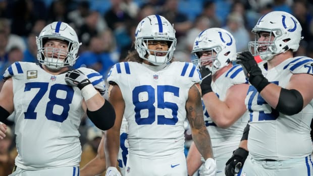 Indianapolis Colts tight end Drew Ogletree (85) walks on the field Sunday, Nov. 5, 2023, during a game against the Carolina Panthers at Bank of America Stadium in Charlotte.