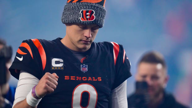 Cincinnati Bengals quarterback Joe Burrow (9) pumps his fist as he walks for the locker room after the fourth quarter of the NFL Week 9 game between the Cincinnati Bengals and the Buffalo Bills at Paycor Stadium in Cincinnati on Sunday, Nov. 5, 2023.  