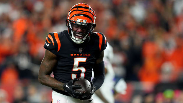 Nov 5, 2023; Cincinnati, Ohio, USA; Cincinnati Bengals wide receiver Tee Higgins (5) reacts after making a catch against the Buffalo Bills in the fourth quarter at Paycor Stadium. Mandatory Credit: Kareem Elgazzar-USA TODAY Sports  